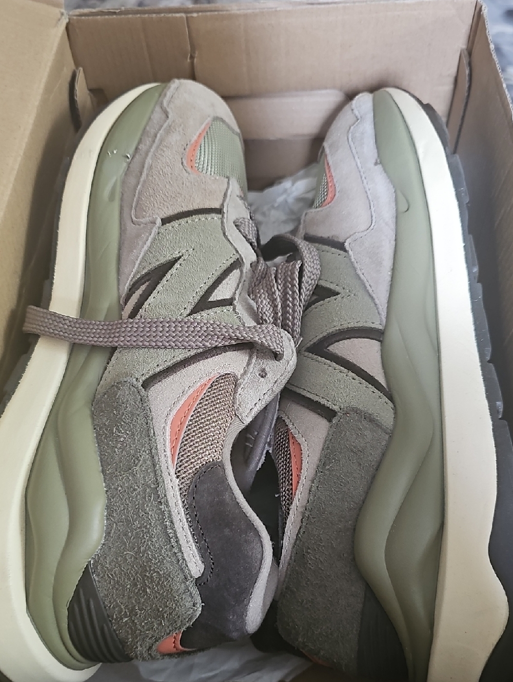 New Balance Olive Green and Taupe Retro Runner with Coral Accent